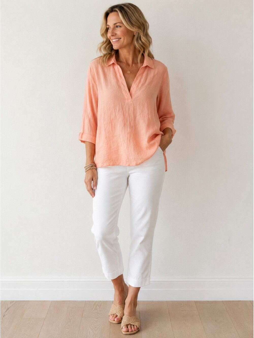 Tahari Linen Blouse Women's Med Peach Popover Split Neck 3/3 Sleeves Top Coastal
